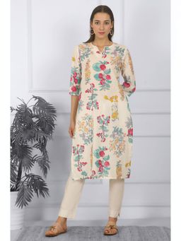 W - Floral White Printed Cotton Straight Summer Kurta