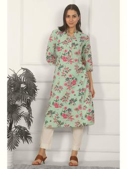 W - Mint Green Floral Printed Cotton Straight Kurta