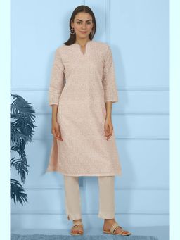 W - Pastel Pink Khadi Printed Kota Straight Kurta