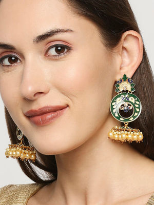 OOMPH Green Meenakari Floral Design Large Jhumka Earrings