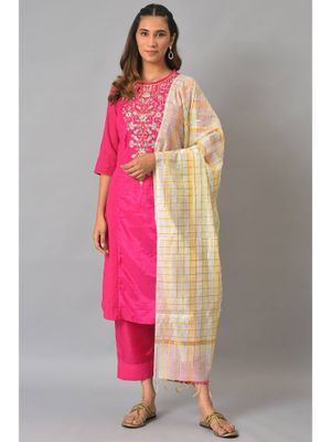 Women White Silk Blend Solid Straight Kurta Palazzos With Dupatta Set