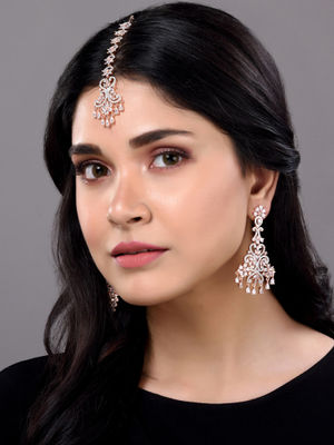 Saraf RS Jewellery Rose Gold Plated Ad Studded Flower Design Mangtika & Earring (Set Of 2)