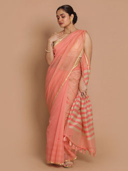 Indethnic - Banarasi Pink Solid Daily Wear Saree With Unstitched Blouse