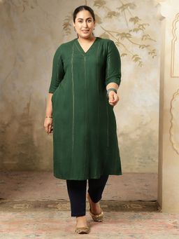 Amydus - Plus Size Golden Pin Striped V Neck Green Kurta