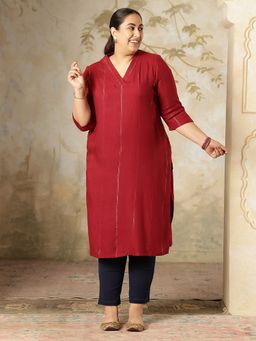 Amydus - Plus Size Golden Pin Striped V-Neck Maroon Kurta