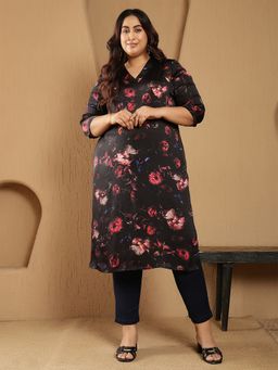 Amydus - Plus Size Floral Print V-Neck Satin Black Kurta