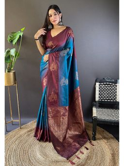 ELITE WEAVES - Blue Soft Silk Floral Border Contrast Zari Woven Saree with Unstitched Blouse