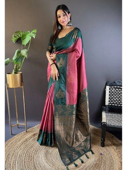 ELITE WEAVES - Pink Soft Silk Floral Border Contrast Zari Woven Saree with Unstitched Blouse