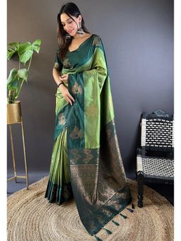 ELITE WEAVES - Green Soft Silk Floral Border Contrast Zari Woven Saree with Unstitched Blouse