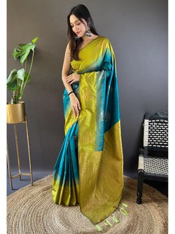 ELITE WEAVES - Blue Soft Silk Floral Border Contrast Zari Woven Saree with Unstitched Blouse