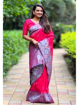 ELITE WEAVES - Pink Soft Silk Floral Border Contrast Zari Woven Saree with Unstitched Blouse