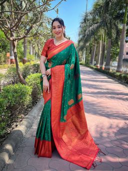 ELITE WEAVES - Green Soft Silk Contrast Gold Zari Woven Saree with Unstitched Blouse