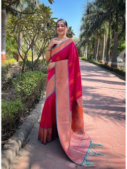 ELITE WEAVES - Pink Soft Silk Contrast Gold Zari Woven Saree with Unstitched Blouse