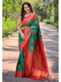 ELITE WEAVES - Green Soft Silk Contrast Gold Zari Woven Saree with Unstitched Blouse