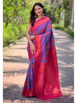 ELITE WEAVES - Purple Soft Silk Contrast Gold Zari Woven Saree with Unstitched Blouse