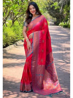 ELITE WEAVES - Pink Soft Silk Contrast Gold Zari Woven Saree with Unstitched Blouse
