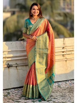 ELITE WEAVES - Pink Pure Tissue Zari Woven Saree with Unstitched Blouse Contrast Weaves