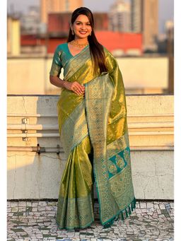 ELITE WEAVES - Green Pure Tissue Zari Woven Saree with Unstitched Blouse Contrast Weaves