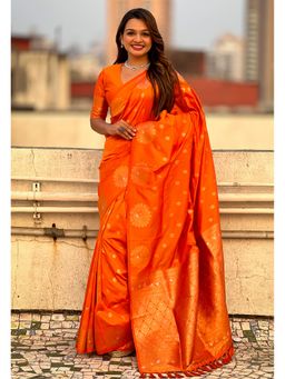 ELITE WEAVES - Orange Silk Dual Zari Woven Saree with Unstitched Blouse Peacock Border