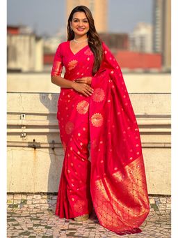 ELITE WEAVES - Pink Silk Dual Zari Woven Saree with Unstitched Blouse Peacock Border