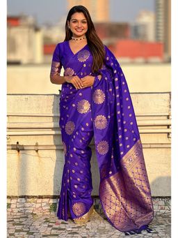 ELITE WEAVES - Blue Silk Dual Zari Woven Saree with Unstitched Blouse Peacock Border