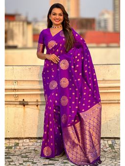 ELITE WEAVES - Purple Silk Dual Zari Woven Saree with Unstitched Blouse Peacock Border