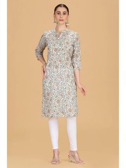 Cotton Culture - Cotton Floral Three Fourth Sleeves Mandarin Neck Off White Kurta