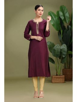Cotton Culture - Art Silk Embroidered Three Fourth Sleeves Round Neck Wine Kurta