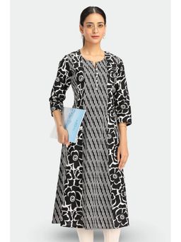 Cotton Culture - Cotton Floral Three Fourth Sleeves Round Neck Black Kurta