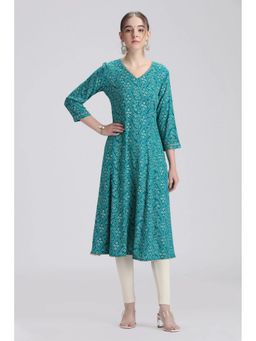 Cotton Culture - Viscose Rayon Printed Three Fourth Sleeves V-Neck Turquoise Kurta