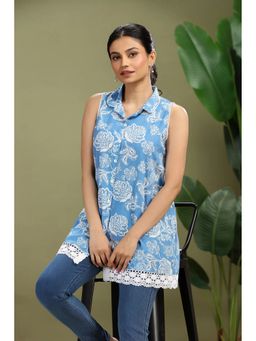 Cotton Culture - Cotton Floral Sleeveless Collar Neck Blue Kurti