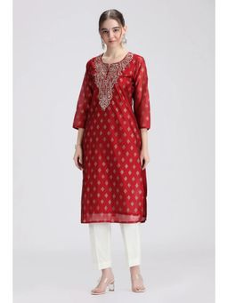 Cotton Culture - Chanderi Silk Embroidered Three Fourth Sleeves Round Neck Maroon Kurta