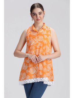 Cotton Culture - Cotton Floral Collar Neck Orange Kurti
