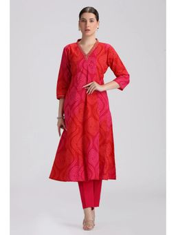 Cotton Culture - Cotton Printed Three Fourth Sleeves V-Neck Pink Kurta