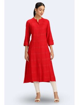 Cotton Culture - Cotton Stripes Three Fourth Sleeves Mandarin Neck Red Kurta