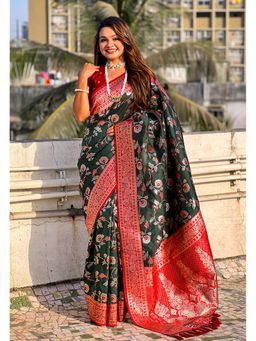 ELITE WEAVES - Green Banarasi Contrast Jaal Soft Silk Zari Woven Saree with Unstitched Blouse