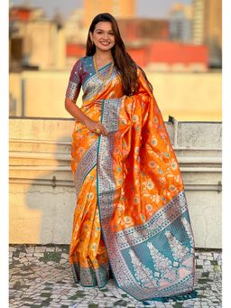 ELITE WEAVES - Orange Banarasi Contrast Jaal Silk Zari Woven Saree with Unstitched Blouse