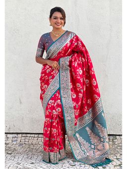 ELITE WEAVES - Pink Banarasi Contrast Jaal Soft Silk Zari Woven Saree with Unstitched Blouse