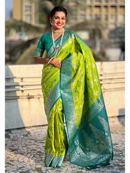 ELITE WEAVES - Green Banarasi Contrast Jaal Soft Silk Zari Woven Saree with Unstitched Blouse