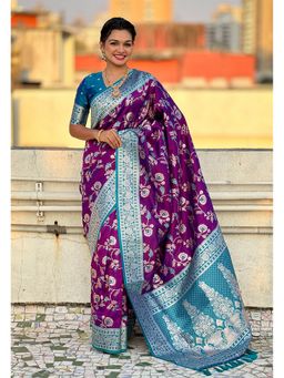 ELITE WEAVES - Purple Banarasi Contrast Jaal Silk Zari Woven Saree with Unstitched Blouse