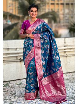 ELITE WEAVES - Blue Banarasi Contrast Jaal Soft Silk Zari Woven Saree with Unstitched Blouse
