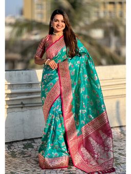 ELITE WEAVES - Blue Banarasi Contrast Jaal Soft Silk Zari Woven Saree with Unstitched Blouse