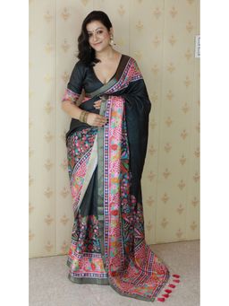 ELITE WEAVES - Black Silk Floral Printed Saree with Unstitched Blouse Zari Woven Border