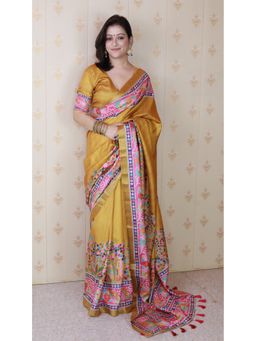 ELITE WEAVES - Gold Silk Floral Printed Saree with Unstitched Blouse Zari Woven Border