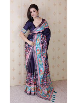 ELITE WEAVES - Blue Silk Floral Printed Saree with Unstitched Blouse Zari Woven Border
