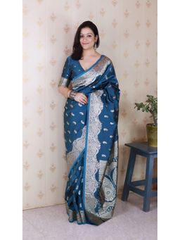 ELITE WEAVES - Blue Banarasi Soft Silk Silver Zari Woven Saree with Unstitched Blouse