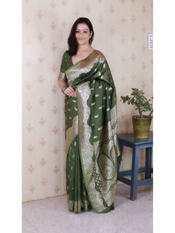 ELITE WEAVES - Green Banarasi Soft Silk Silver Zari Woven Saree with Unstitched Blouse