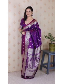 ELITE WEAVES - Purple Banarasi Soft Silk Silver Zari Woven Saree with Unstitched Blouse