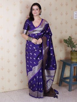 ELITE WEAVES - Blue Banarasi Soft Silk Silver Zari Woven Saree with Unstitched Blouse