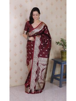 ELITE WEAVES - Maroon Banarasi Soft Silk Silver Zari Woven Saree with Unstitched Blouse